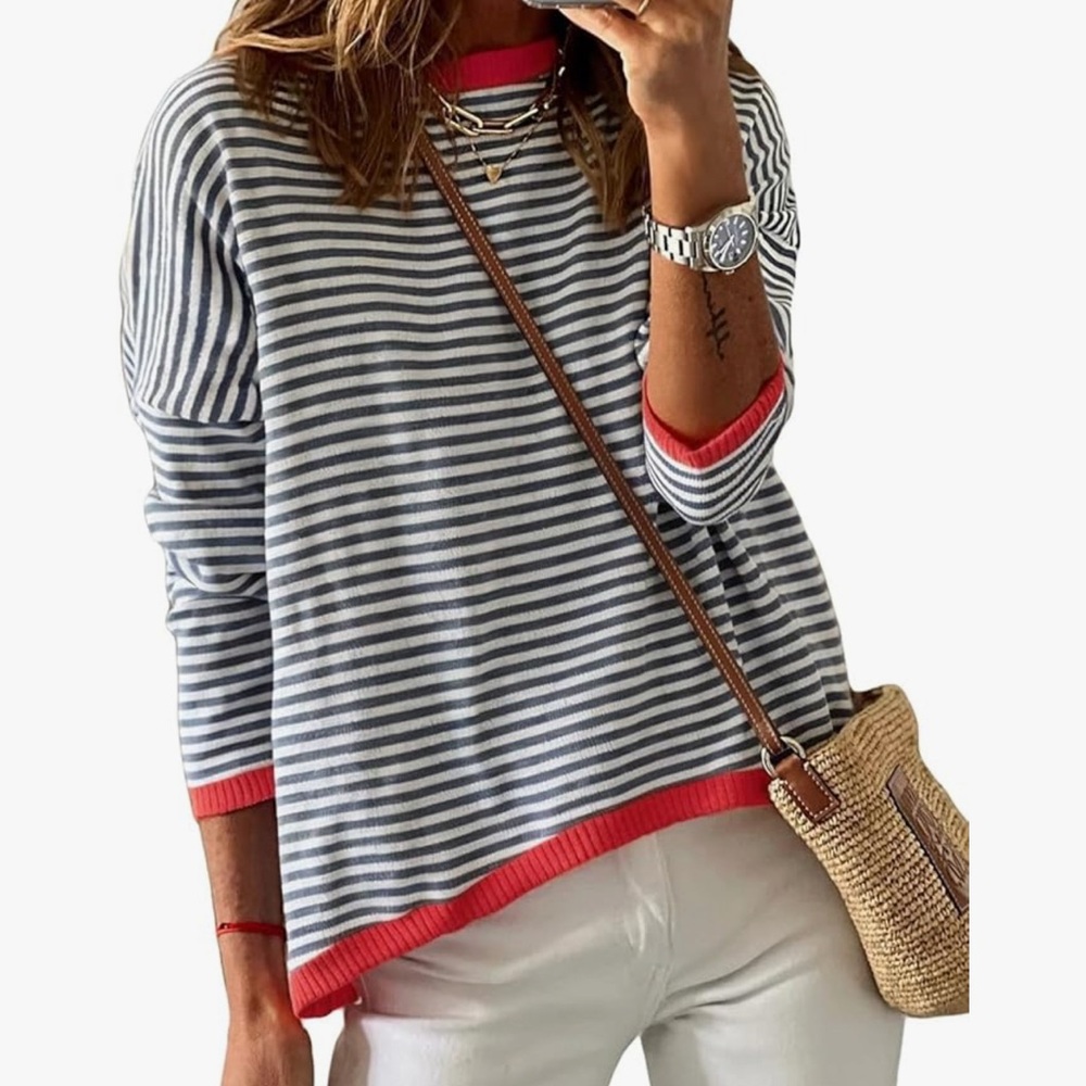 🌙WIHOLL  Striped Sweater with Red Accents size M NWT..